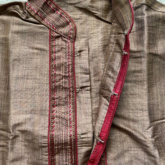 [NEW] Indian Pakistani Men Kurta Pajama Sherwani Suit Brown Red - Picture 7 of 10